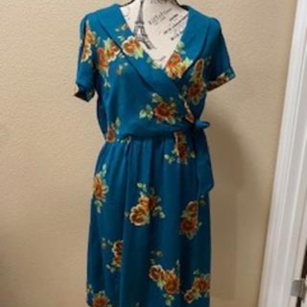 SUPER FOXX TEAL MULTI-FLORAL DESIGN S/S SHORT DRESS M